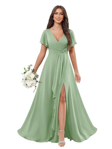 Ruffle V Neck Bridesmaid Dresses for Women Short Sleeve Chiffon Pleated Long Slit Formal Dress with Pockets