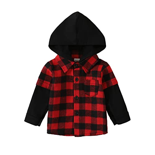 Image of Newborn Boy Girl Buffalo Plaid Flannel Shirt Hoodie Toddler Button Down Top Jacket Outwear Fall Winter Clothes