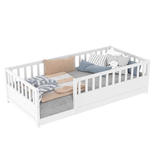 Image of Twin Size Kids Montessori Floor Bed Frame with High Fence,White
