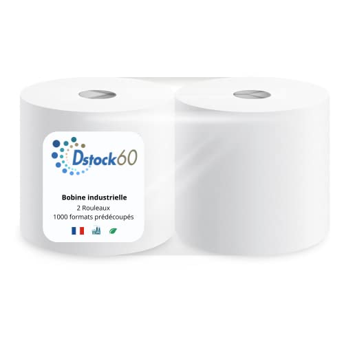 DSTOCK60 - Lot de 2 bobines industrielles 1000 formats - 2 plis pure ouate - Bobine essuyage pour ateliers, rouleau de papier essuie main grande capacité