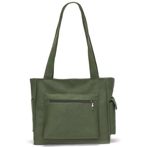 LANXINGLUO bolso grande mujer bolso shopper bandolera mujer bolso grande de tela con cremallera bolso de lona mujer bolso con muchos compartimentos verde
