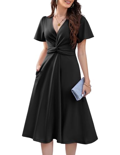 DRESSTELLS Women's Cocktail Dress with Pockets 2025, Twist Knot Ruched Wrap Dresses, V Neck & Bow Tie