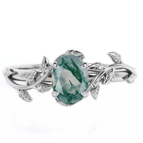 Aihpos Natural Moss Agate Ring Genuine 925 Sterling Silver Oval Cut Green Agate Engagement Ring For Women Branch Statement Ring Promise Wedding Ring