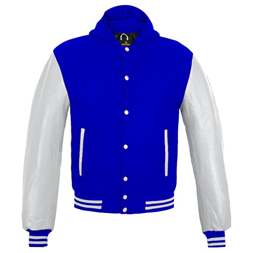 Image of Deckra Men's Varsity Jacket Genuine Leather Sleeve and Wool Blend Letterman Boys College Varsity Jackets with Hood XXS-5XL