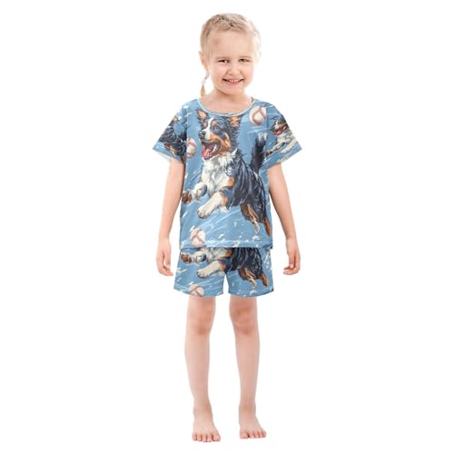 ALAZA Baseball Dog Blue Pajamas Set Short Sleeve Cotton Sleepwear Summer Pjs 2 Piece 5-14Y3