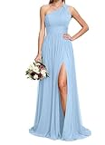 ORRCIGH Vestido de dama de honor con un hombro descubierto, vestido de gasa plisado, vestido largo para fiesta de noche, vestido largo con abertura para mujer WPX021, azul celeste, 38