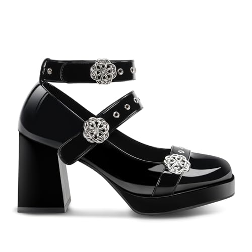 Women Chunky Platform Mary Jane Heels with Hook & Loop Closed Toe Patent Leather Goth Shoes Ankle Strap Pumps2