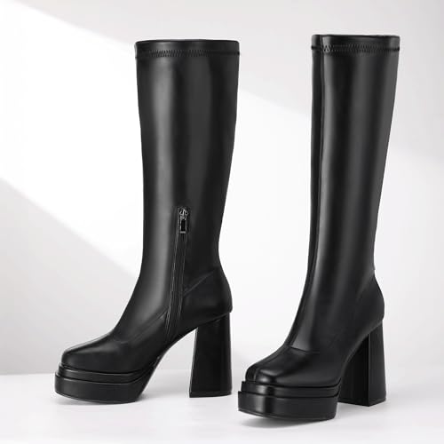 IDIFU IN4 Knee High Boots for Women Platform Gogo Boots Square Toe Chunky Block High Heel Tall Boots Ladies Disco Dress Long Boots Comfortable Fashion Sexy Dressy Pull On Calf High Thick Fall Boots4