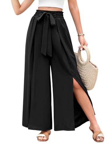 Svanco Palazzo Hose Damen Sommer Weite Plissee Hose Lockere High Waist Paperbag Hosen mit Schlitz