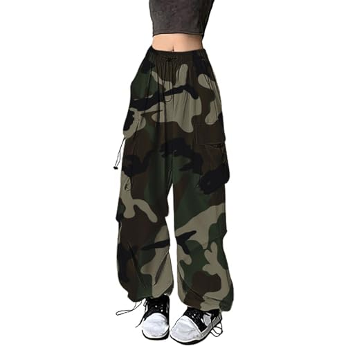 Pantalones de chándal para mujer con estampado de camuflaje, ropa de calle, hip hop, pantalones de chándal con cordón, pantalones casuales, holgados con pierna ancha, Verde militar., L