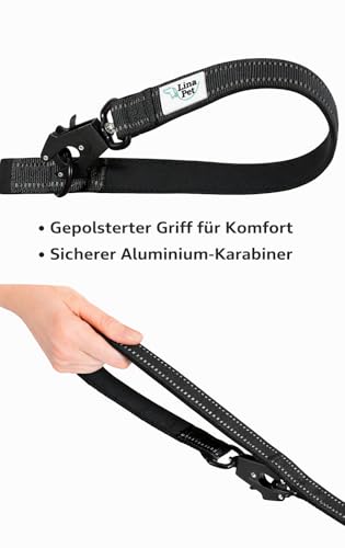 Lina Pet Hundeleine 3m x 2,5 cm, Reflektierend – Verstellbare Doppelleine aus Nylon mit Aluminium-Karabiner, Führleine für große und mittelgroße Hunde