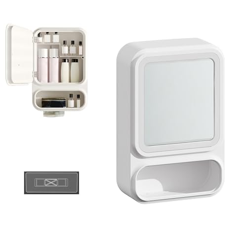 Fesatccoz Gabinete de baño pequeño para pared, de plástico, montado en la pared, armario de almacenamiento con espejo y ranura para pañuelos, armario de almacenamiento de baño con puerta