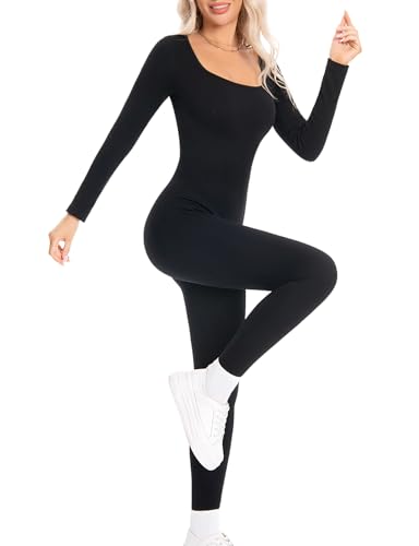 Long Sleeve Jumpsuit Built-in Bra Square Neck Ribbed Yoga Bodycon...