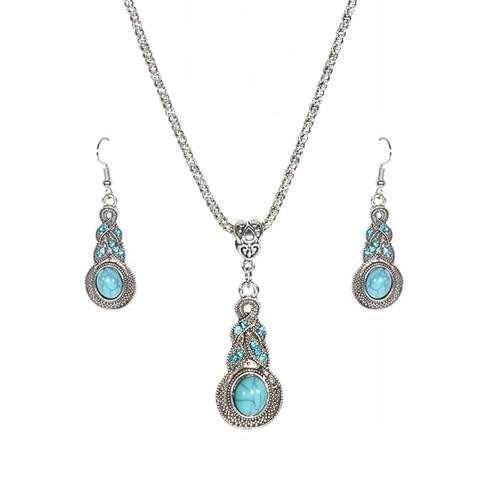 ARROMI Collar de turquesa, juego de joyas de turquesa bohemia para mujer, collar con colgante de turquesa occidental, aretes turquesa vintage turquesa para mujer, joyería de fantasía para mujer,
