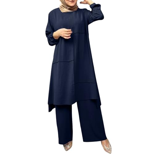 Sastre Conjunto de pantalones de mujer Modest Wear de dos piezas para mujer musulmana con camisa de manga larga con botones y pantalones anchos, elegante y cómodo, estilo urbano, azul, S
