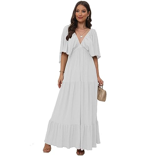 Image of SUNNOW Women's Plus Size Summer Maxi Dress Flowy Loose Fit V-Neck Tiered Ruffle Sleeve Boho Beach Dress