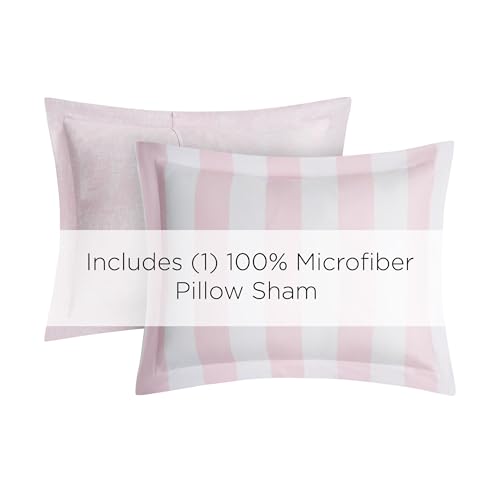 Image of Juicy Couture Cabana Stripe Reversible Bedding Set - Twin /Twin XL Size - Dogwood Pink /White Stripe Print - 5 Piece Set - Includes 1 66 inch x 90 inch Comforter, 3 Decorative Pillows, 1 Sham
