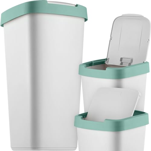 KADAX Poubelle 25 litres, collecteur de déchets avec couvercle basculant, poubelle pour tri des déchets, corbeille à ordures en plastique, poubelle robuste, bac à ordures (Gris/Vert)
