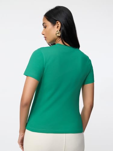 Image of The Souled Store Casual Classics: Women and Girls Short Sleeves Spread Collar Solid Cotton Regular Fit Breathable Lightweight Trendy Everyday T-Shirt