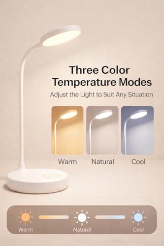 Image of One94Store LED Desk Lamp with Touch Sensor On /Off, USB Rechargeable Study Light, 3 Brightness Modes, 360 Adjustable Arm, Phone Holder, Night Light for Students, Dorm & Office (White)