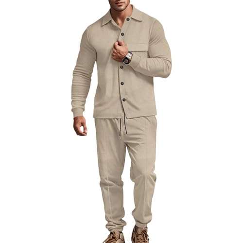 amropi Survêtement Homme Jacquard Ensemble Veste à Bouton et Pantalon Jogging Décontracté Combinaison Kaki, 3XL