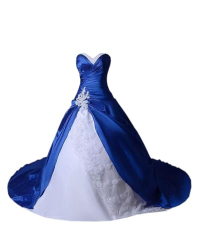 Sweetheart A line Satin Tulle Wedding Dresses Royal Blue White Lace Applique Corset Back 2025
