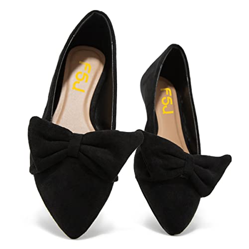 FSJ Women Comfy Bowknot Pointed Toe Suede Flats Slip On Low Heels Pumps Graceful Casual Dress Daily Office Walking Shoes Size 4-16 US4