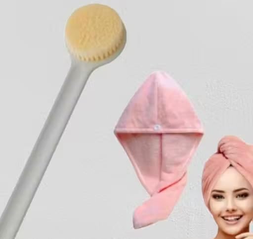 Hair Drying Towel Wrap with Long Handle Body Brush, Pink, 65cm x 25cm, Bath Accessories Set Hair Drying Towel Wrap with Long Handle Body Brush, Pink, 65cm x 25cm, Bath Accessories Set