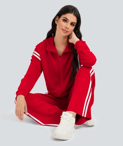 Casly Lamiit Women\'s Athletic Clothing Sets 2 Piece Lounge Outfits Track Sweatsuit 2-Stripes Sweatshirt Wide Leg Pants Airport Travel Activewear Red XL