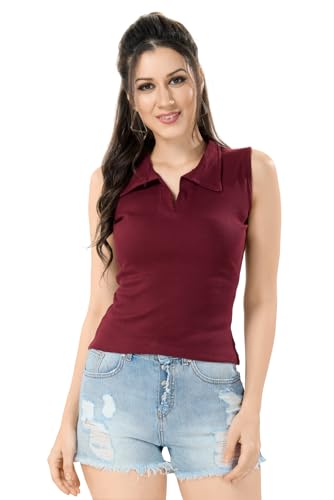 Image of TRASA Women's Sleeveless Rib Knitted Cotton Racer Back Tank Tops Collared Neck Crop Tank Tops - Available Sizes -XS, S, M,L,XL,2XL