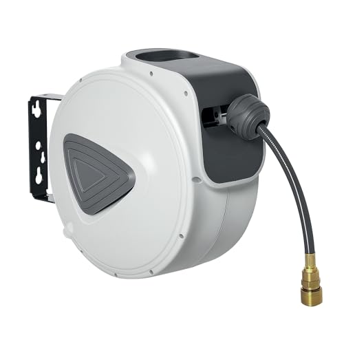 DURHAND Retractable Air Hose Reel Wall Mount Auto Rewind Hose- Reel 10m+ 90cm Diameter 3/8 9.5mm Connector 1/4 BSP Grey