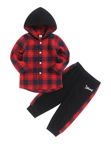 Image of Fuermos Toddler Baby Boys Clothes Flannel Lattice Button Down Hooded Tops +Pants Boys Fall Winter Outfits