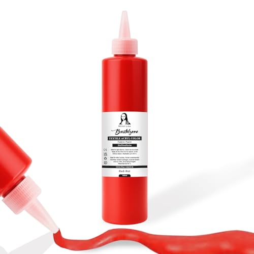 Stofffarbe 500ml. Waschfeste Textilfarbe. T-Shirt Farbe für helle Stoffe. Waschmaschinenfest, Waschbeständig. Textilmalfarbe, Stoffmalfarbe Fixierung durch Bügeln (Rot)