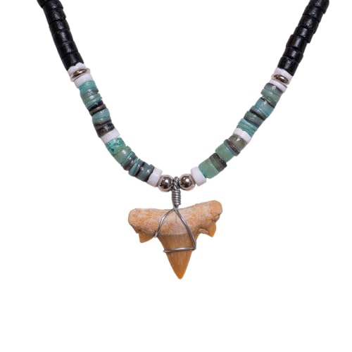 BlueRica Fossil Shark Tooth on Coconut & Shell Beads Necklace (18