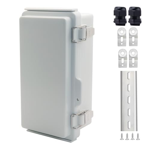 IP67 Waterproof Junction Box, ABS Plastic Electrical Enclosure with Stainless Steel Latch, Hinged Cover Electric Box with Mounting Plate, Wall Brackets &amp; Cable Glands 200x100x70mm