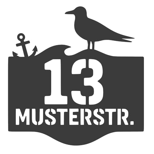 Jung Edelstahl Design – Edelstahl Hausnummer mit Möwe & Anker – personalisierbar mit Zahl & Name – wetterfestes Schild aus V2A – maritimes Design, modern, 20–50 cm (Anthrazit)