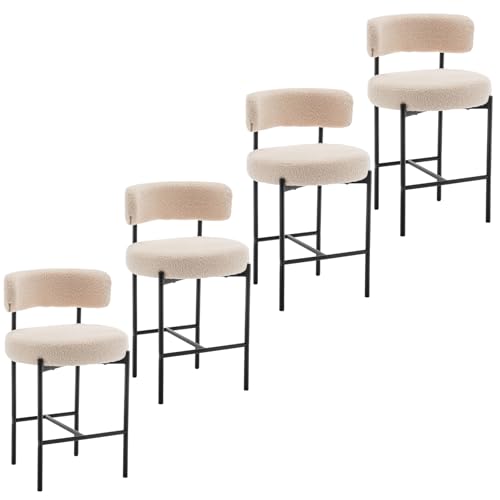 Image of Cinxzar Boucle Bar Stools Set of 4, Beige Counter Height Bar Stools with Backs, Modern Barstools for Kitchen Island, Pub, Club