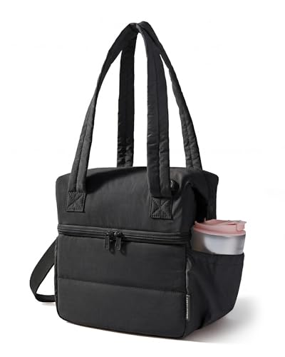 BAGSMART Double Deck Lunch Bag Women, Insulated Reusable Lunch Box, Quilted Puffer Lunch Tote with Shoulder Strap, Durable Large Lunch Cooler For Work Picnic Travel Meal Prep Flight, Black