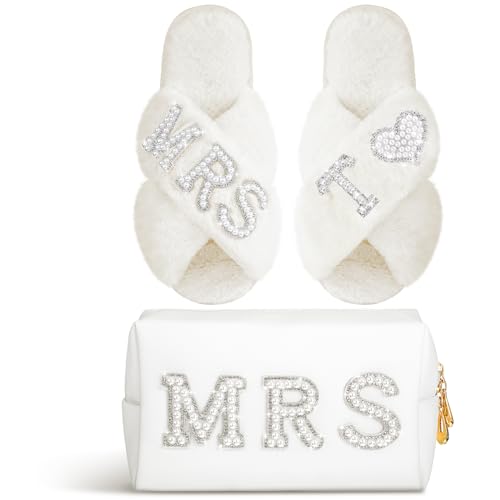 Image of Xtinmee Personalized Initial Wedding Bride Slipper Mrs Pearl Letter Makeup Bag Bachelorette Party Bridal Shower Wedding Gifts(T)