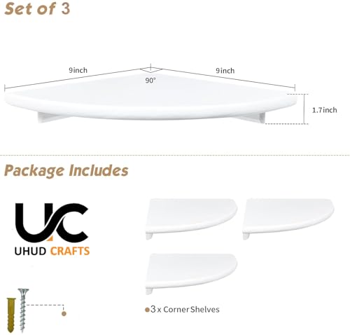 Image of UHUD CRAFTS Corner Floating Shelves for Wall Decor Set of 3, Wall Mounted Rounded Corner Book Shelves for Kids Bedroom & Books, Decorative Storage Shelf for Bathroom & Living Room Decor - White