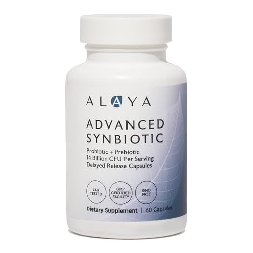 Alaya Naturals Advanced Synbiotic - Probiotic + Prebiotic - 14 Billion CFU Delayed Release Probiotic Supplement with Prebiotics from Sunfiber and L-glutamine for Gut Lining Integrity - 60 Capsules