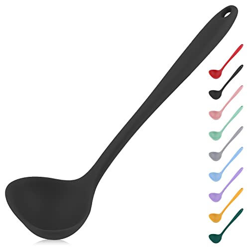 Silicone Ladle with Comfortable Grip - Non Stick, Seamless Rubber Spoon for Cooking - Black