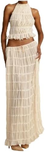 女性&#39 ;sバックレスHalterタンクトップとプリーツレトロシフォンロングスカート薄手チュールフリルスカートセット