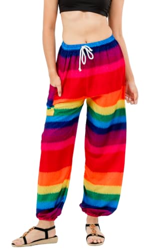 Boho Harem Pants for Women – Lightweight Cotton Rayon Yoga Lounge Trousers with Drawstring Waist for Travel (Rainbow S)
