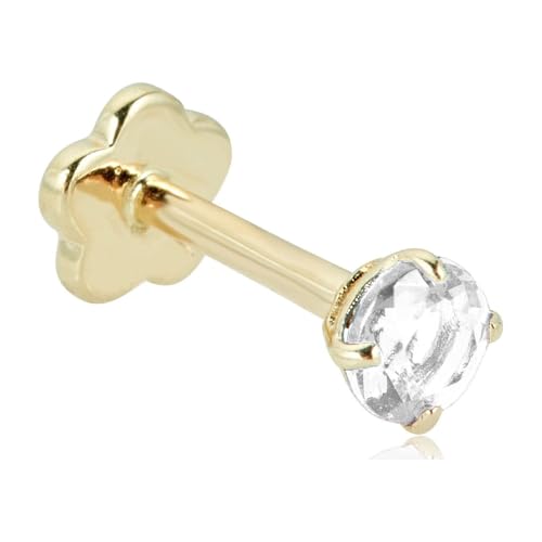 Image of AVORA 14K Yellow /White Gold 3mm Round Simulated Diamond (0.1 carat) Cartilage Piercing Flat Back Earring Body Jewelry (18 Gauge) - Emerald, Ruby, Amethyst, Sapphire, Sim. Diamond