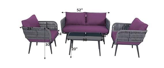 Image of LOCCUS 4-Piece Outdoor Rope Patio Furniture Set - All-Weather Waterproof Conversation Set with Cushions, Modern Woven Bistro Set for Balcony, Lawn, Garden, or Terrace (Purple)