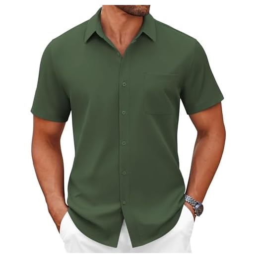 COOFANDY Mens Button up Dress Shirts Short Sleeve Dress Shirts Wrinkle-Free Casual Untucked Men's Shirts Dark Green