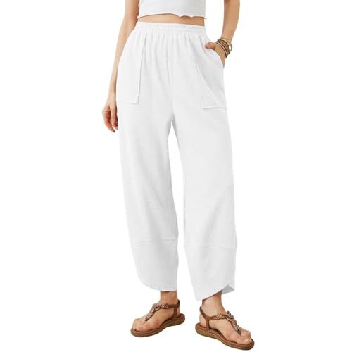 Pantalones harén para mujer, cintura alta, pantalones de yoga con bolsillos, pierna ancha, pantalones cortos holgados, ligeros, de algodón, para el trabajo, yoga, vacaciones, talla S-3XL, blanco, L