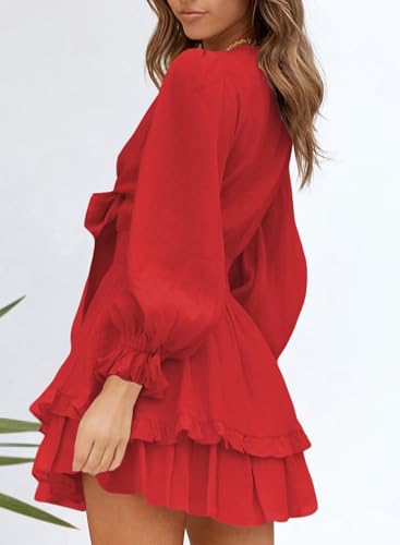 Image of Dokotoo Womens Casual Spring Fall 2025 Deep V Neck Knotted Tiered Chiffon Elegant Mini Short Swing Skater Dresses
