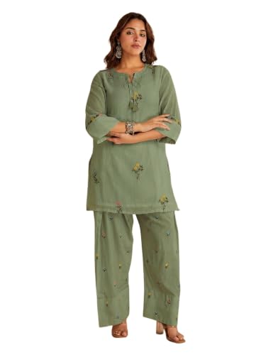 Image of ANNI Designer Farshi Salwar Suit for Women Viscose Embroidered | Co Ord Set for Woman | Straight Kurta Palazzo Outfit Round Neck V Slit 3 /4 Sleeve Ethnic Dress Womens Clothing